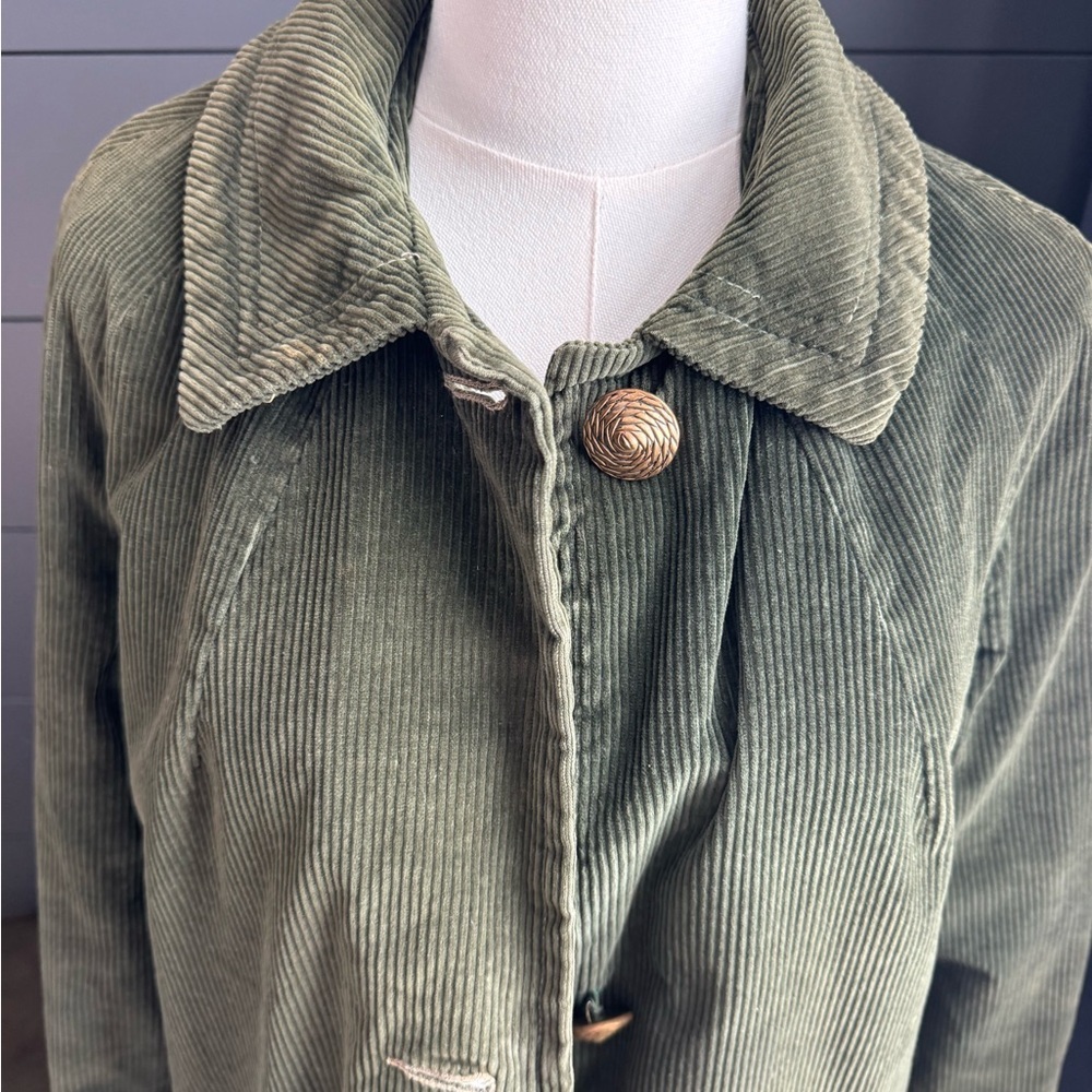 Vintage Olive Green Corduroy Utility Jacket Brass Buttons Retro Chic Earthy - Picture 3 of 12